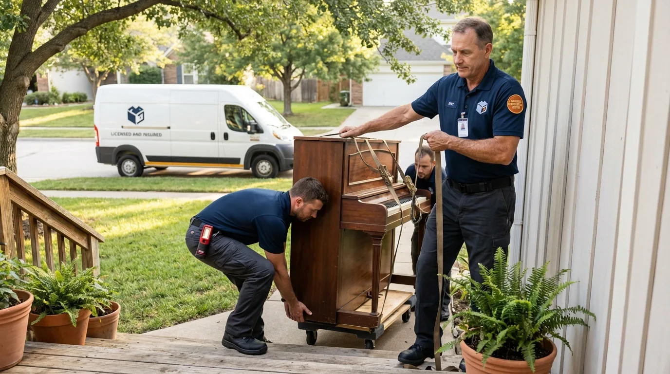 Licensed piano movers securing grand piano in Charlotte, TX