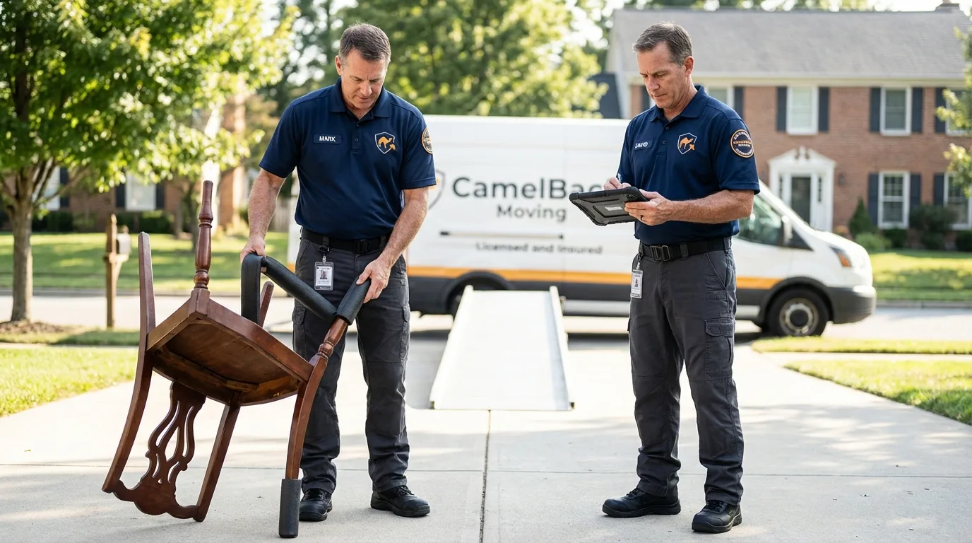 Movers inspecting furniture for damage prevention before loading in Charlotte, TX