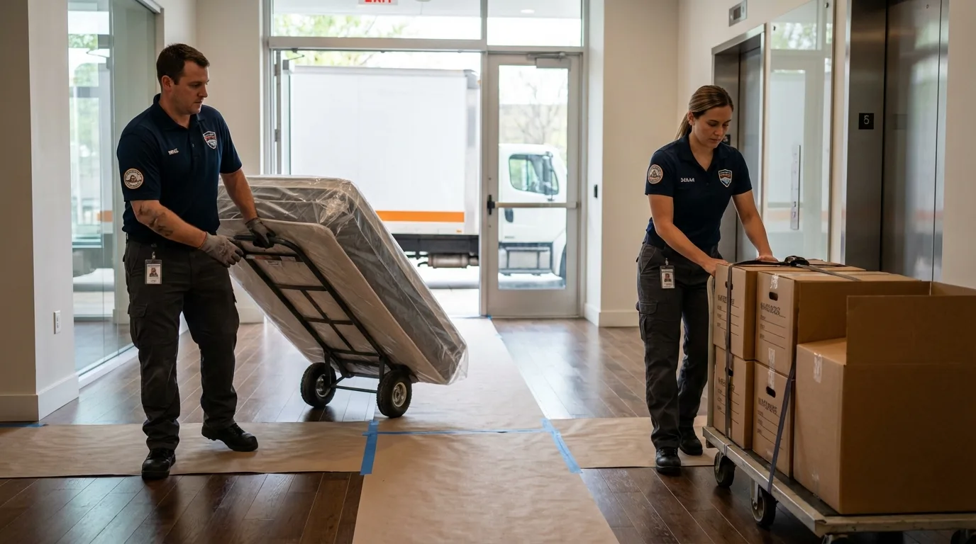 Professional apartment movers loading elevator in Charlotte, TX